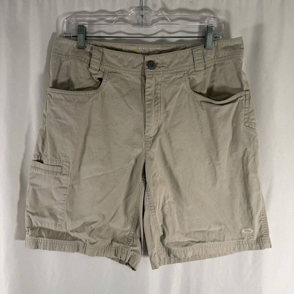 Mountain Hardware Cargo Shorts Men's 34 Khaki 9.5" Inseam 100% Cotton Button Zip